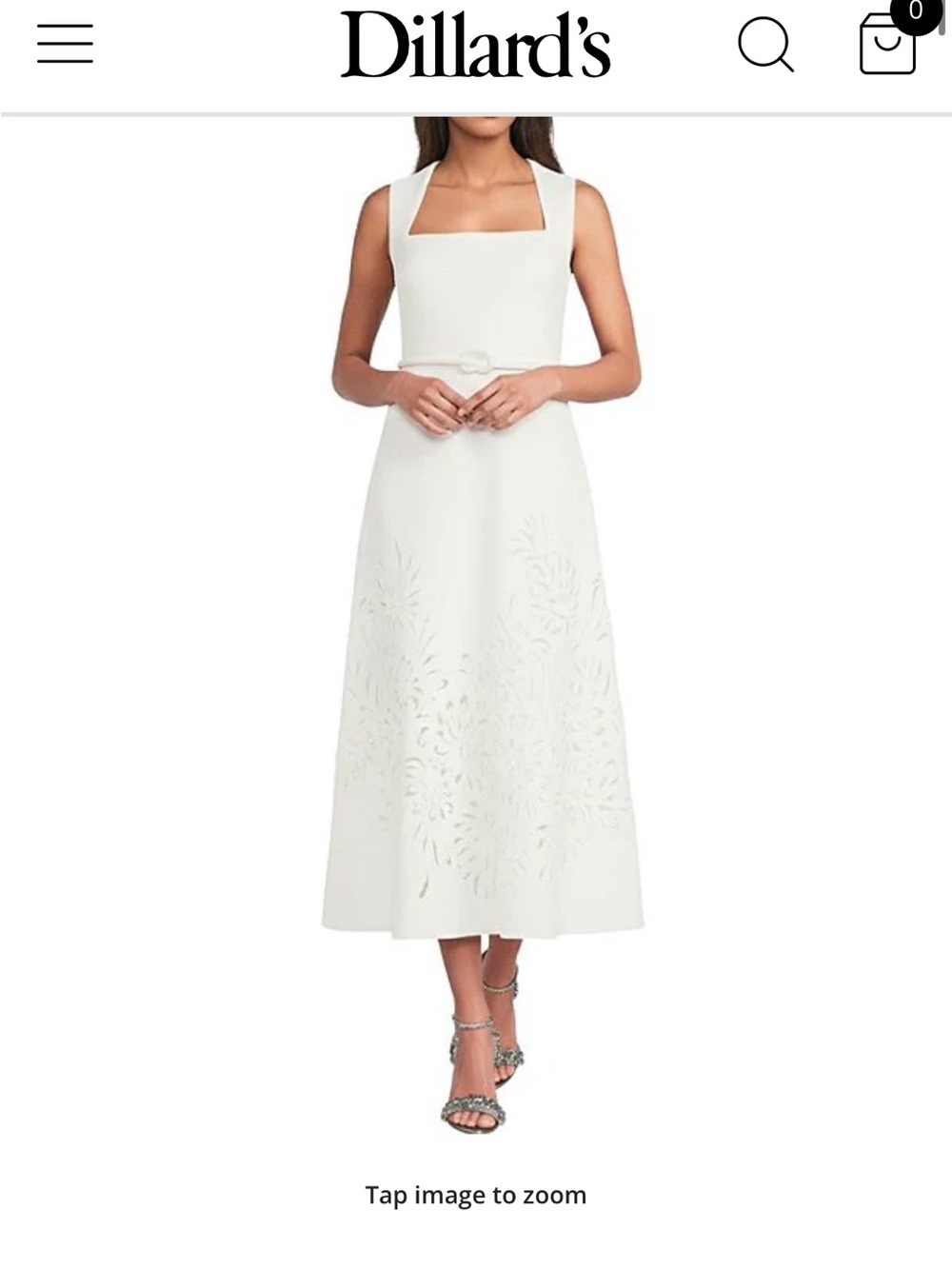 Badgley Mischka White Square-Neck Midi Dress with Laser-Cut Skirt